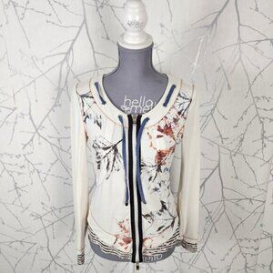 Crisca Artsy Maple Leaf Print Rhinestone Full Zip Blouse